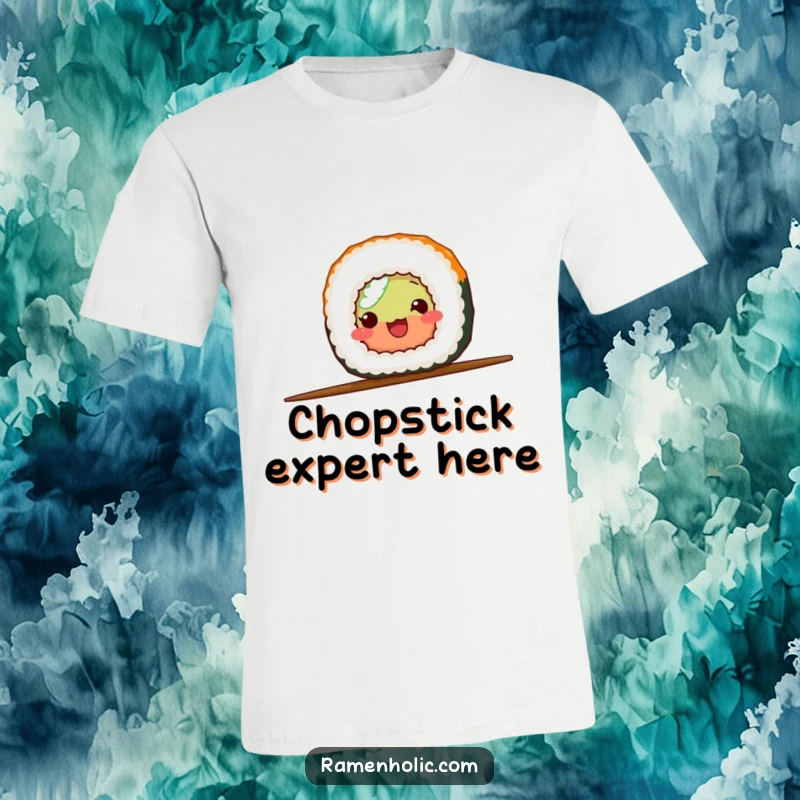 Funny sushi roll character expertly balancing on one chopstick, featured on a t-shirt for playful foodies.