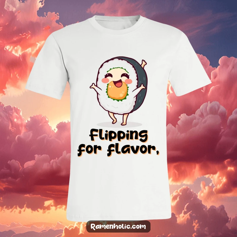 Funny sushi roll doing a cartwheel, expressing pure joy and energy, a delightful and humorous graphic tee for food lovers.