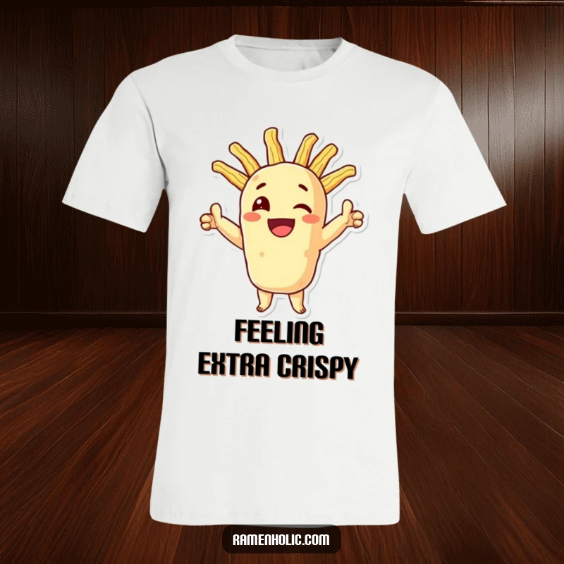 Funny tempura t-shirt showcasing a smiling character striking a triumphant pose with dynamic crispy extensions, expressing pure joy.