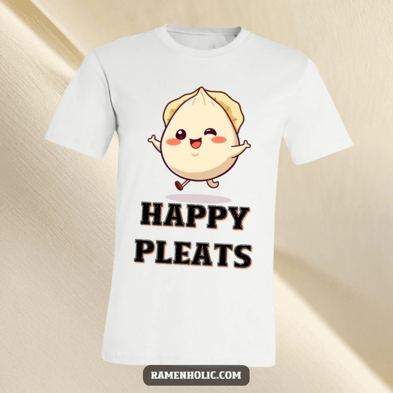 Funny smiling gyoza character hopping happily, pleats jiggling, printed on a comfortable t-shirt.