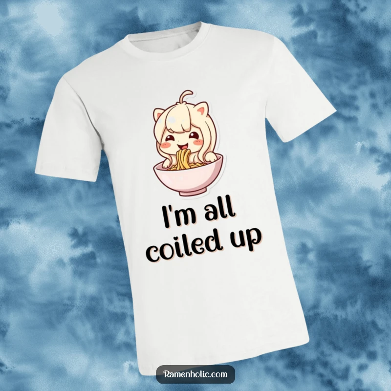 Funny noodle character t-shirt, depicted gleefully slurping from its own bowl, radiating happiness.