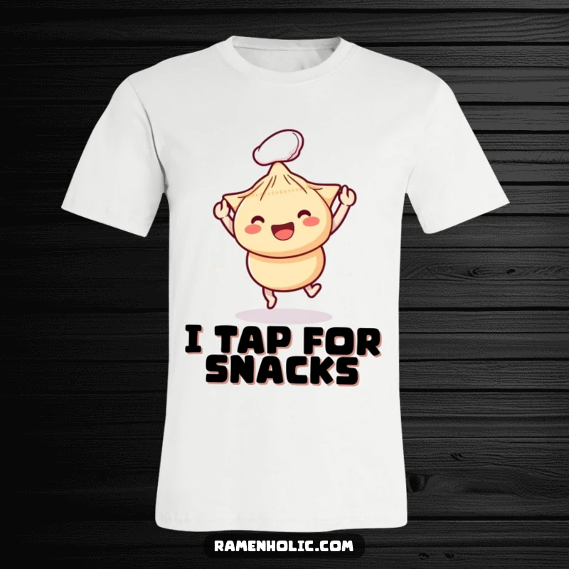 Funny T-shirt featuring anthropomorphic chopsticks playfully bopping a cheerful dumpling, embodying a lighthearted and amusing food theme.