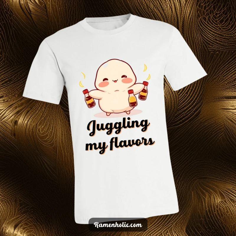 Funny Kawaii dumpling with rosy cheeks, juggling glowing soy sauce bottles with impressive skill, a comical food character, fantastic funny gift.