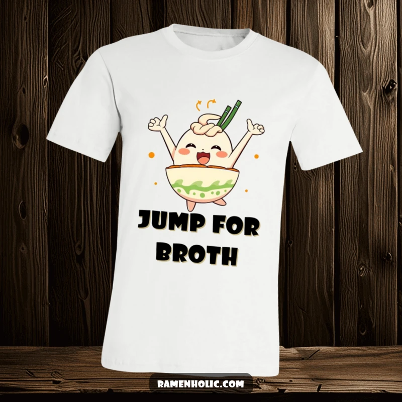 Funny T-shirt depicting an anthropomorphic ramen bowl character leaping with unbridled joy, showcasing a passion for delicious noodles.
