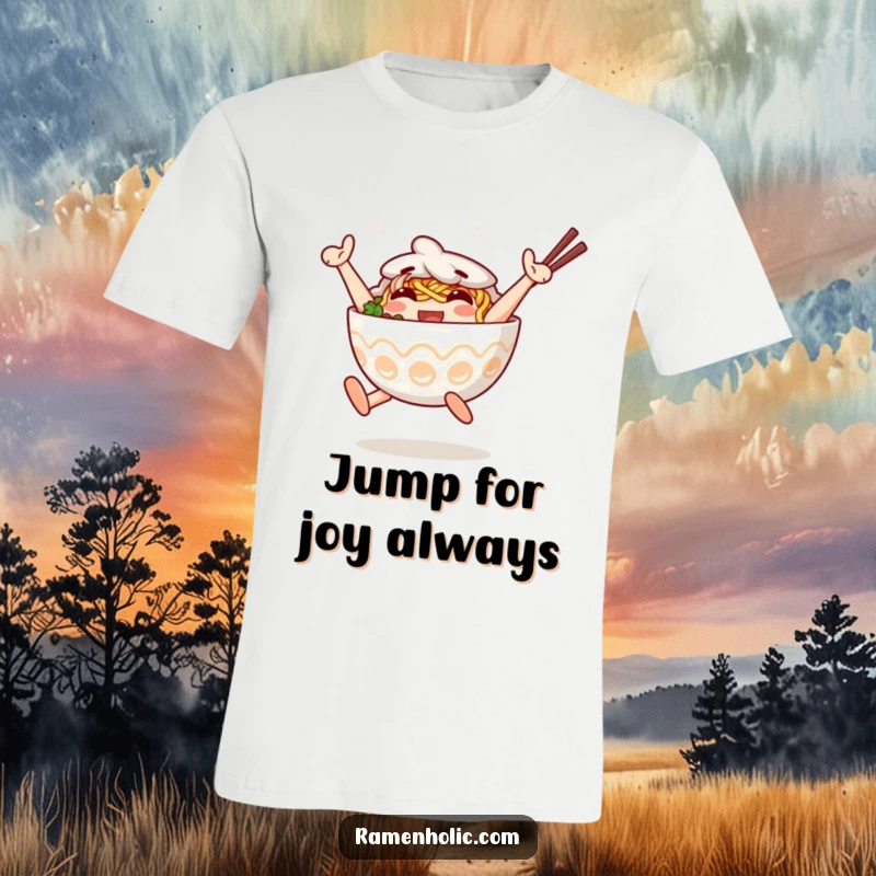 Funny T-Shirt of an anthropomorphic ramen bowl character joyfully jumping. Great funny gift.