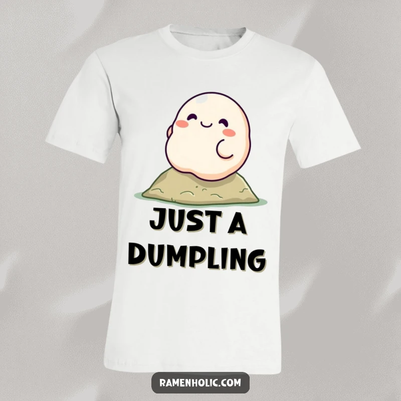 Funny dumpling character t-shirt, depicted smiling and rolling down a hill, exuding a sense of carefree fun.