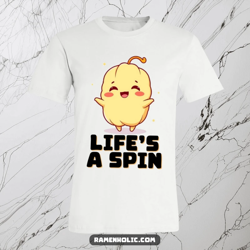 Funny t-shirt with a tempura character in a joyful spin, conveying energy and cartoon food delight.