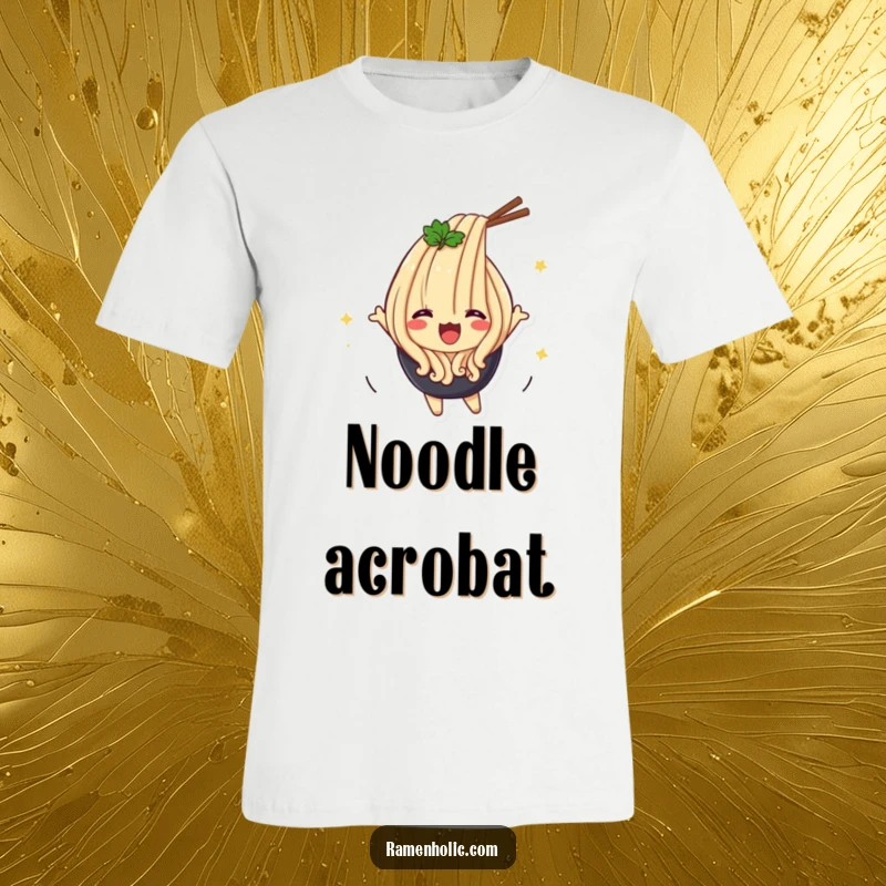 Funny Udon Flip T-Shirt showcasing a happy udon noodle character performing a cheerful flip, ideal for casual wear.