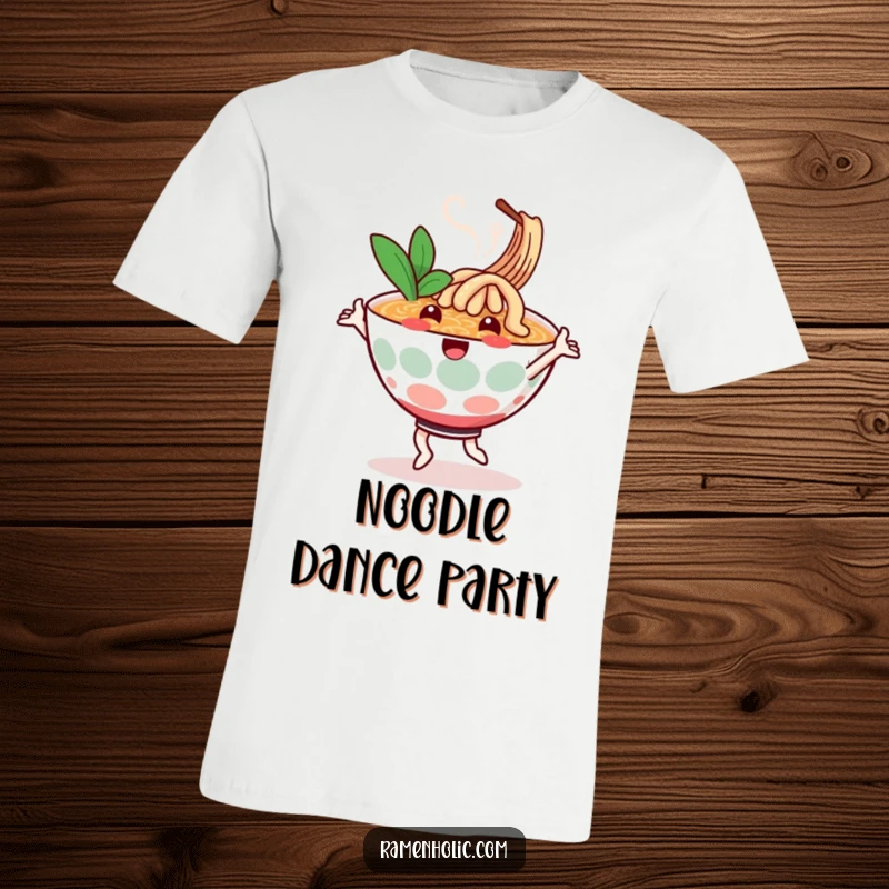Funny t-shirt with a cheerful ramen bowl character dancing, steam swirling, conveying joy and a love for comfort food.