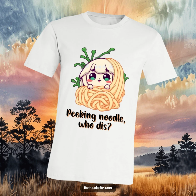 Funny surprised seaweed character peeking from behind a giant noodle on a t-shirt, expressing shock and noodle love.
