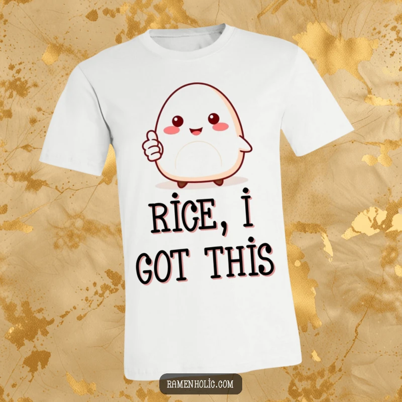 Funny t-shirt with a smiling onigiri character giving a thumbs up, embodying cheerful positivity and cartoon food cuteness.