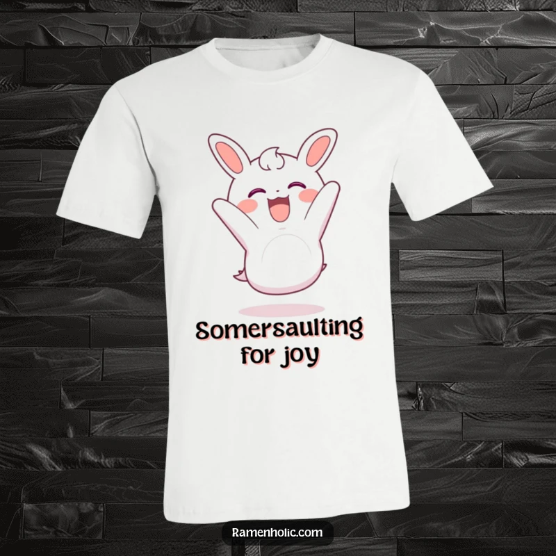 Funny nori t-shirt with a piece of seaweed doing a somersault with glee, a dynamic and cheerful design.