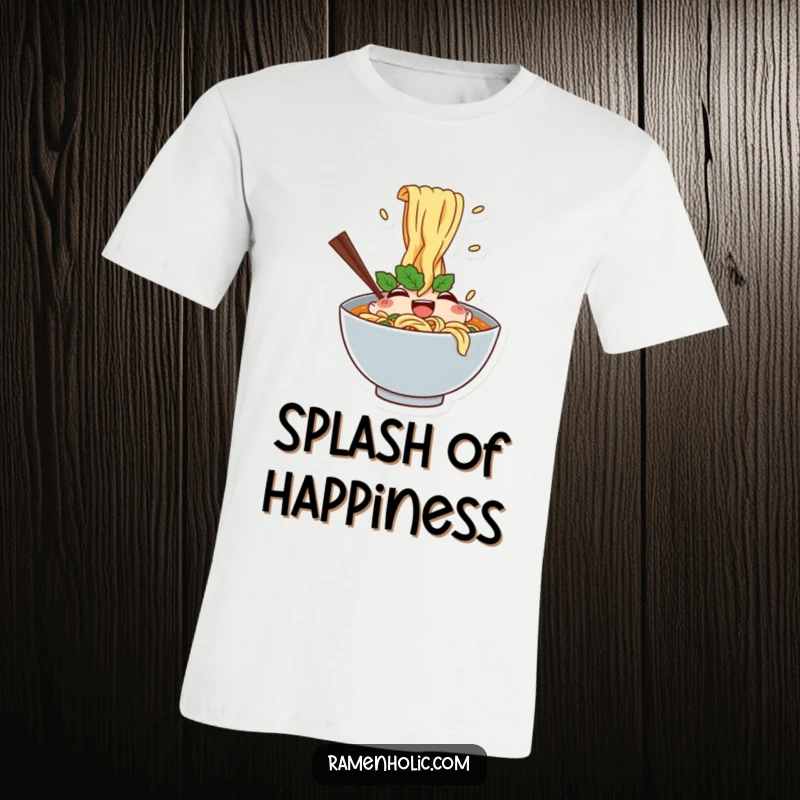 Funny t-shirt depicting a happy ramen bowl character with noodles splashing enthusiastically, embodying pure food joy.