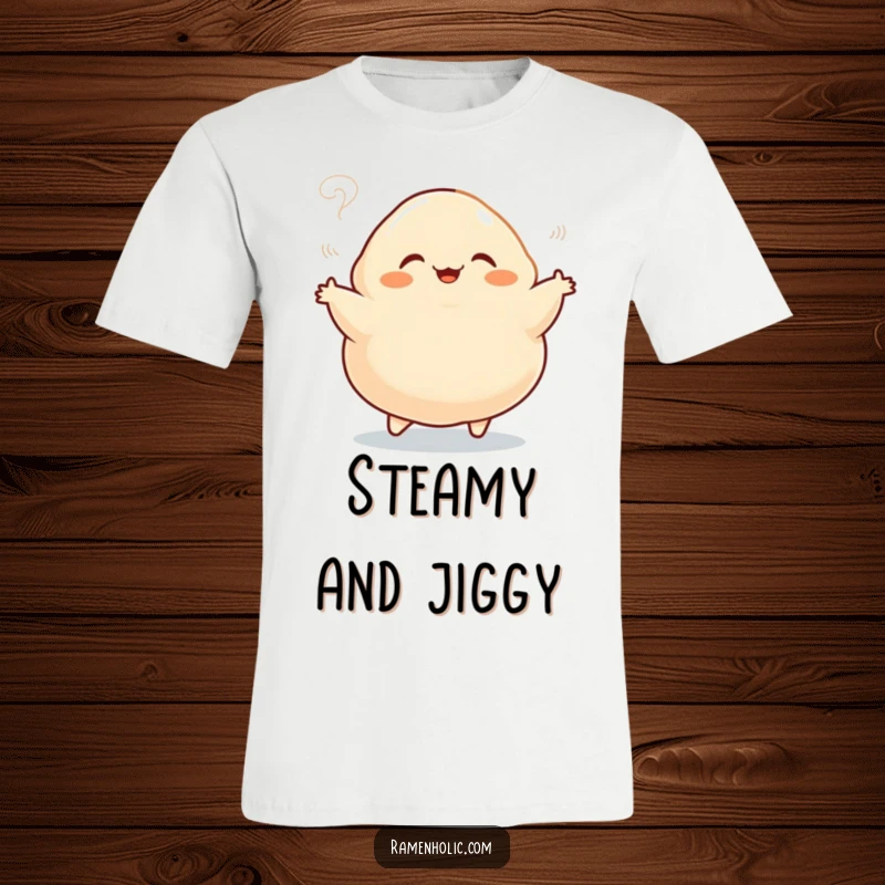 Funny t-shirt with a plump dumpling character doing a happy jig, steam rising playfully, showcasing a joyful and delicious food cartoon.