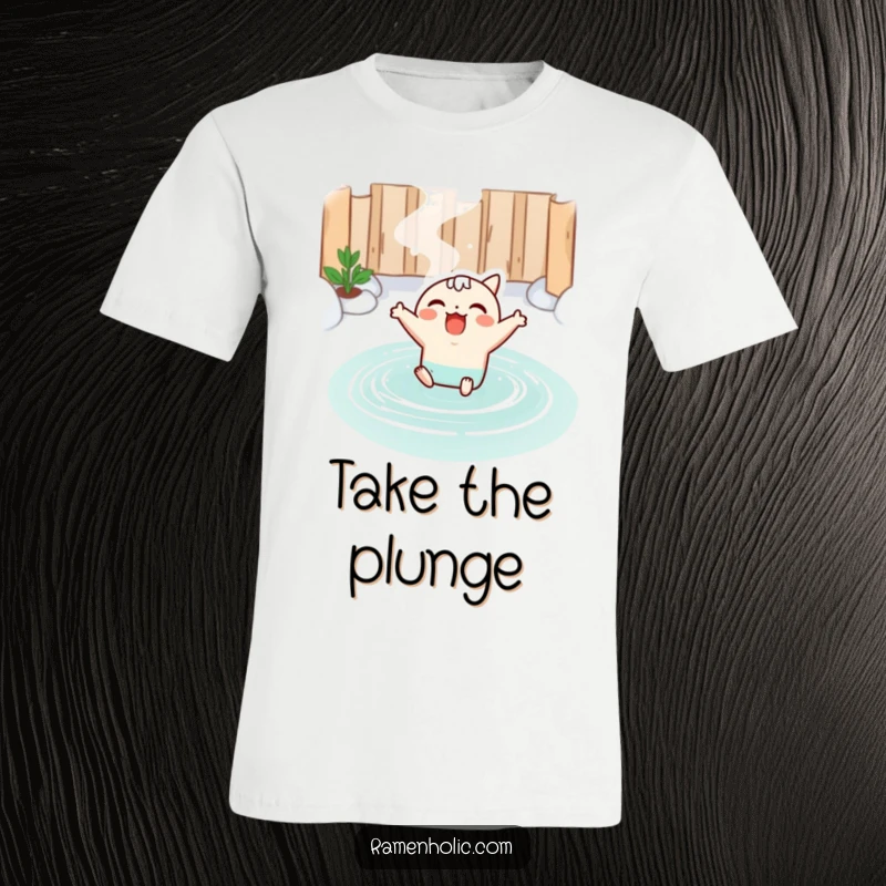 Funny t-shirt showcasing a kawaii miso soup character joyfully leaping into a warm hot spring, radiating pure relaxation and happiness.