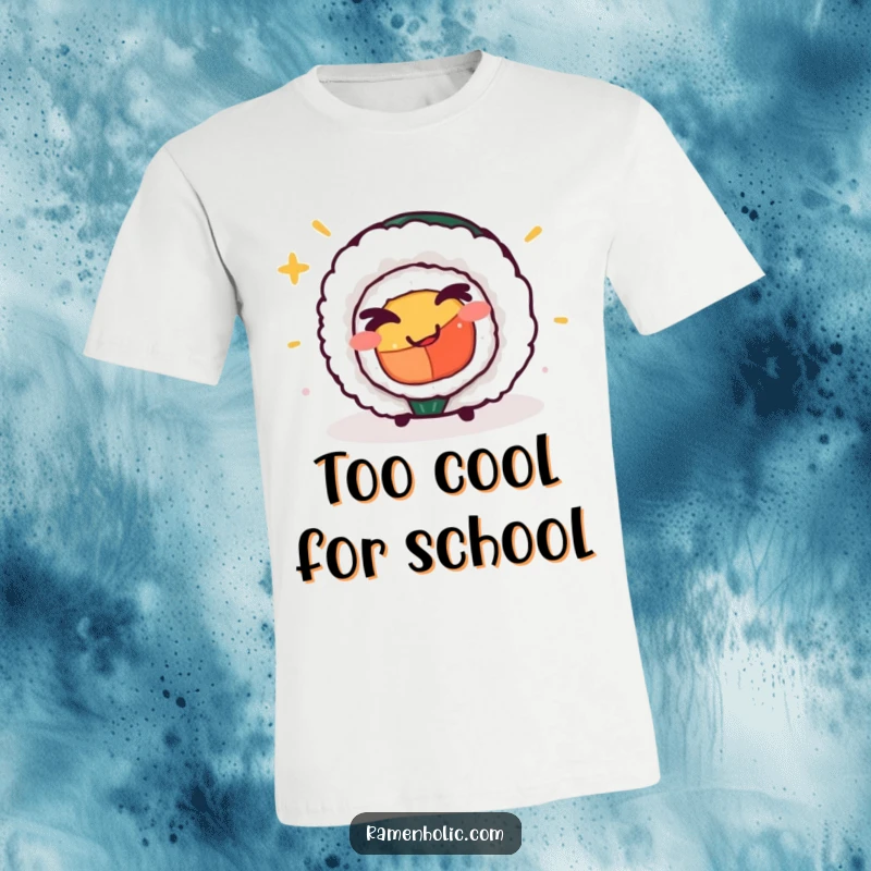 Funny winking sushi roll t-shirt, showcasing a character with a mischievous grin, ideal for casual wear and laughter.