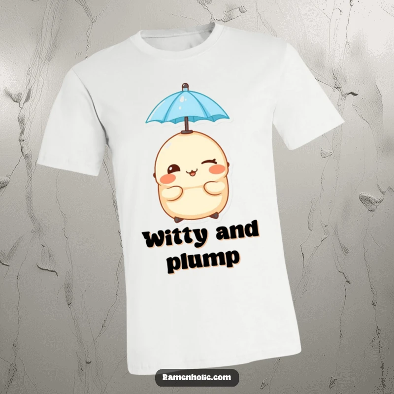 Funny cheeky dumpling winking while balancing a tiny umbrella on its head, printed on a t-shirt.