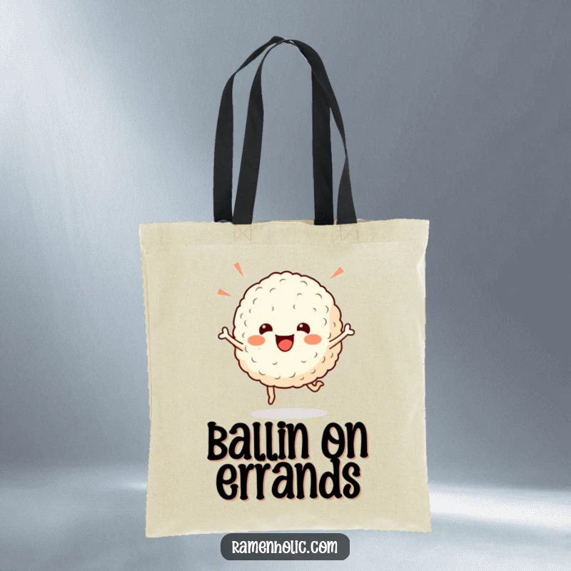 Funny rice ball tote bag with a cheerful character doing a celebratory hop, perfect for carrying goodies with a smile.