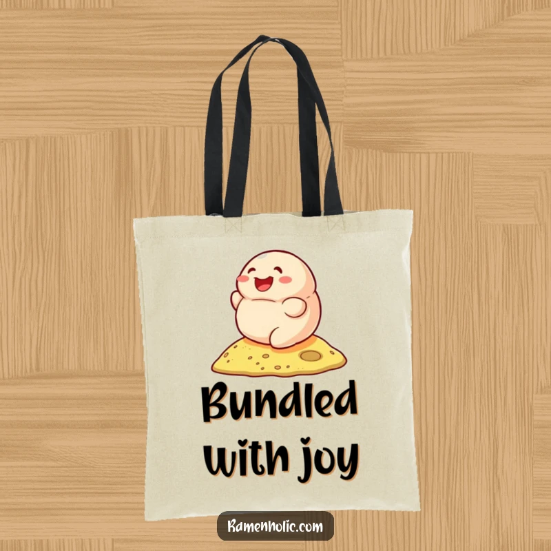 Funny tote bag with a smiling dumpling rolling down a hill, perfect for carrying items with culinary fun.