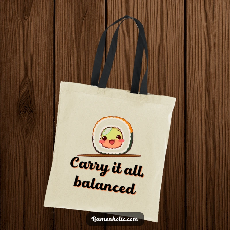 Funny sushi roll balancing on a chopstick, featured on a practical tote bag for carrying groceries and laughs.