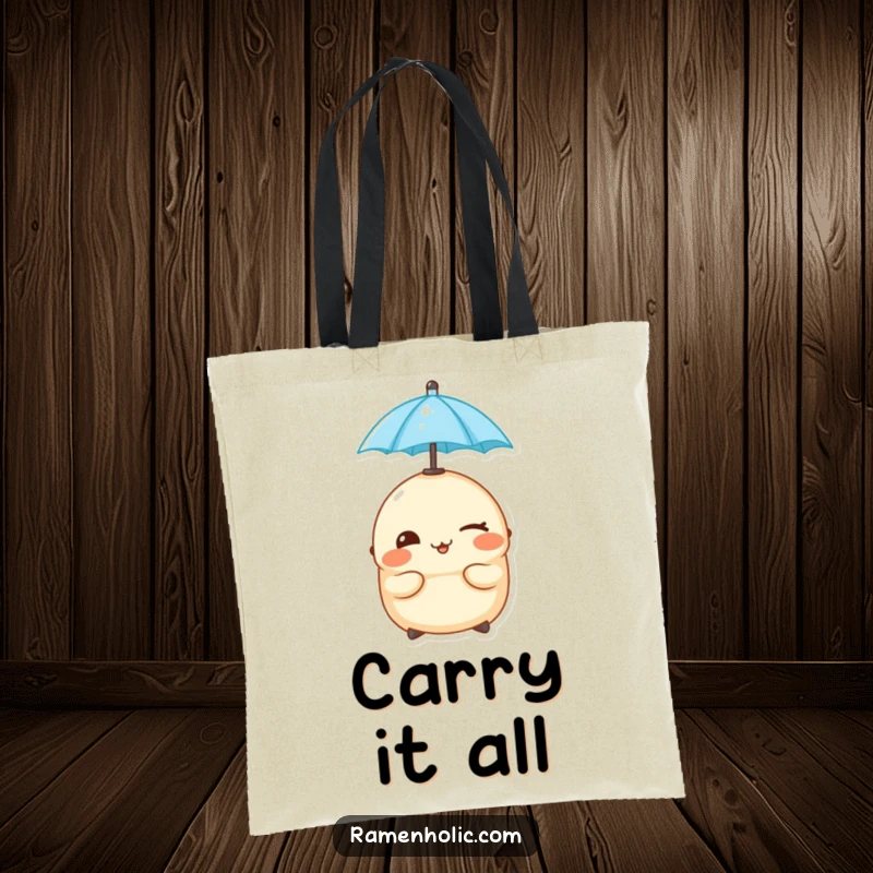 Funny cheeky dumpling winking while balancing a tiny umbrella on its head, on a durable tote bag.