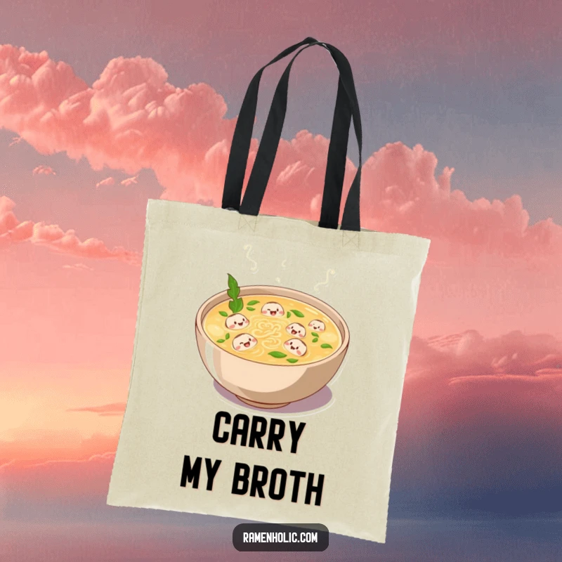 Funny tote bag depicting a plump bowl of broth bubbling with laughter and tiny swimming noodle characters, a charming cartoon accessory.