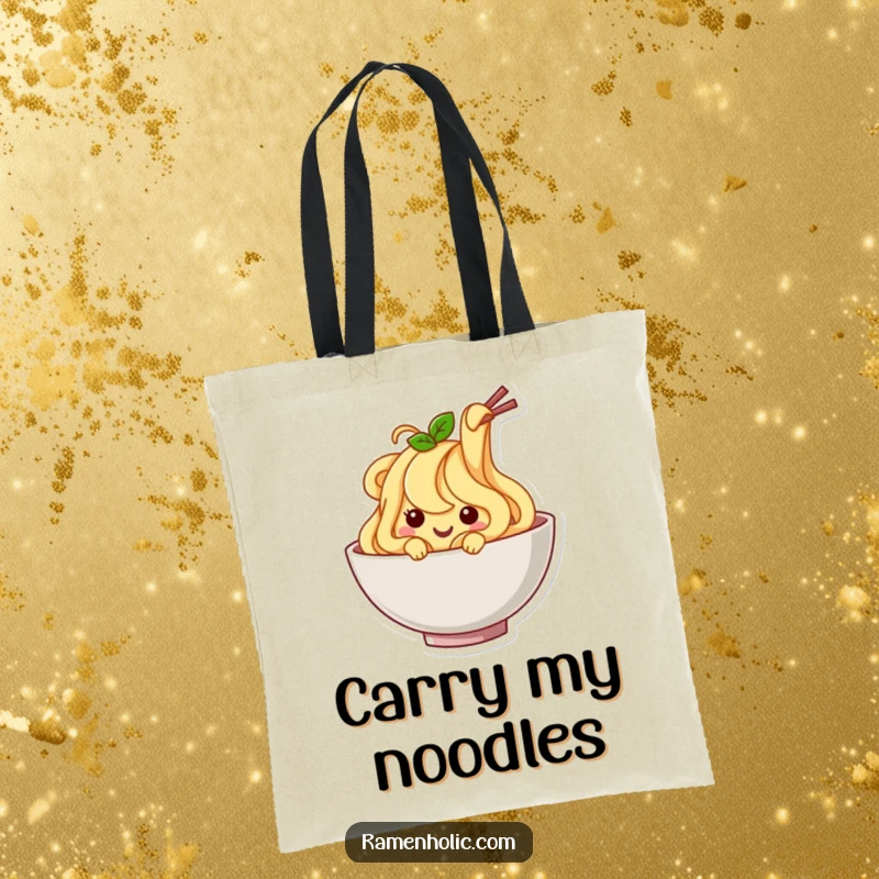Funny Noodle Tote Bag: A happy noodle character wiggling in a bowl, a cute and humorous accessory for carrying essentials.