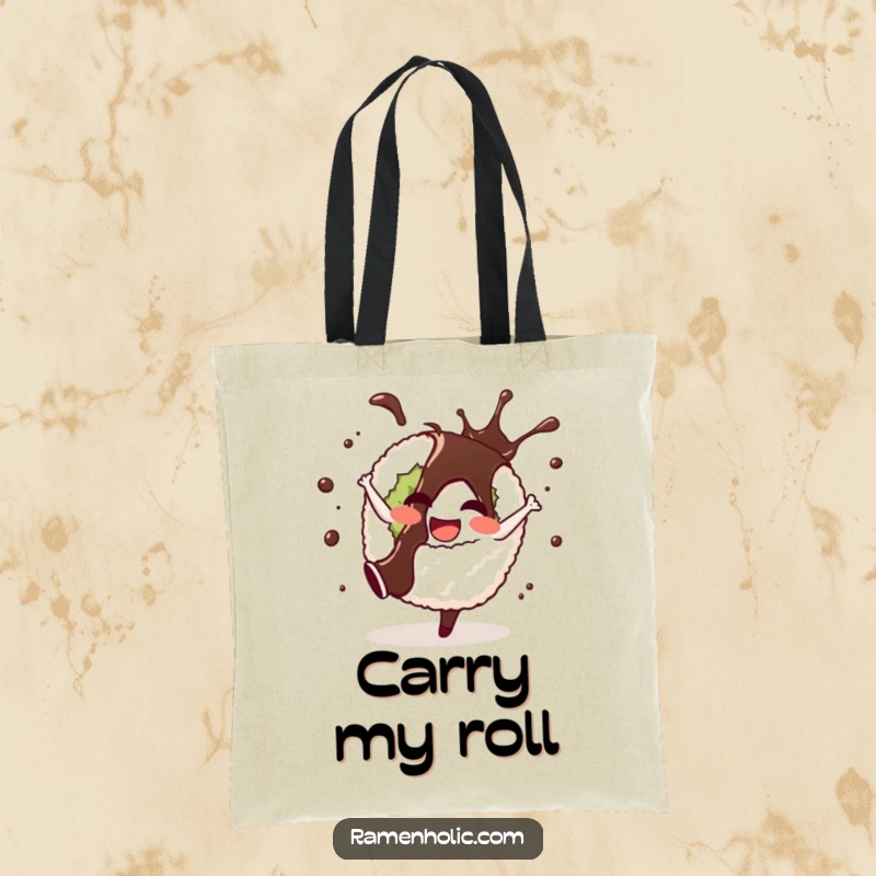 Funny tote bag depicting a cheerful sushi roll doing a cartwheel with soy sauce splashing, a vibrant and functional cartoon accessory.