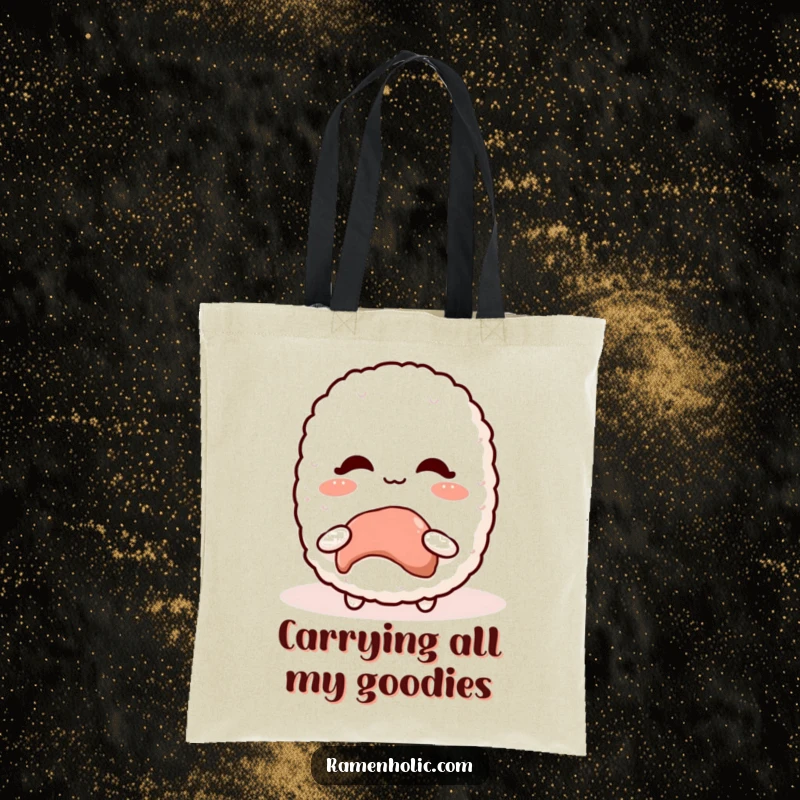 Funny Kawaii Rice Ball Tote Bag featuring a blushing character presented with a sweet treat, great for shopping.