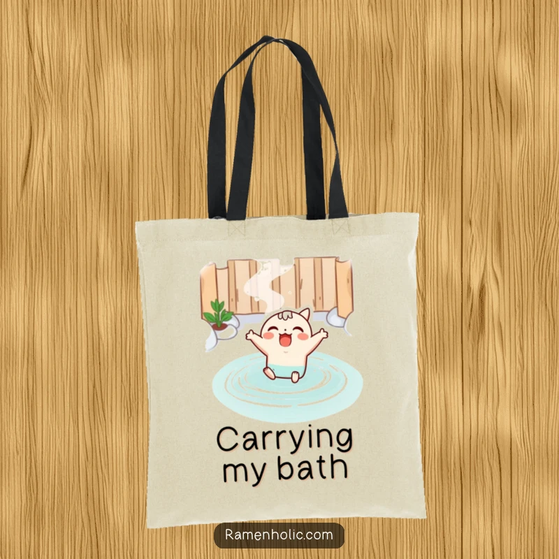 Funny tote bag with a kawaii miso soup character joyfully leaping into a hot spring, perfect for carrying items with a relaxed vibe.