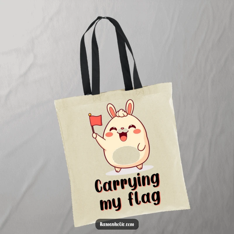 Funny bao bun character tote bag, cheerfully waving a tiny flag, showcasing a playful and charming design.