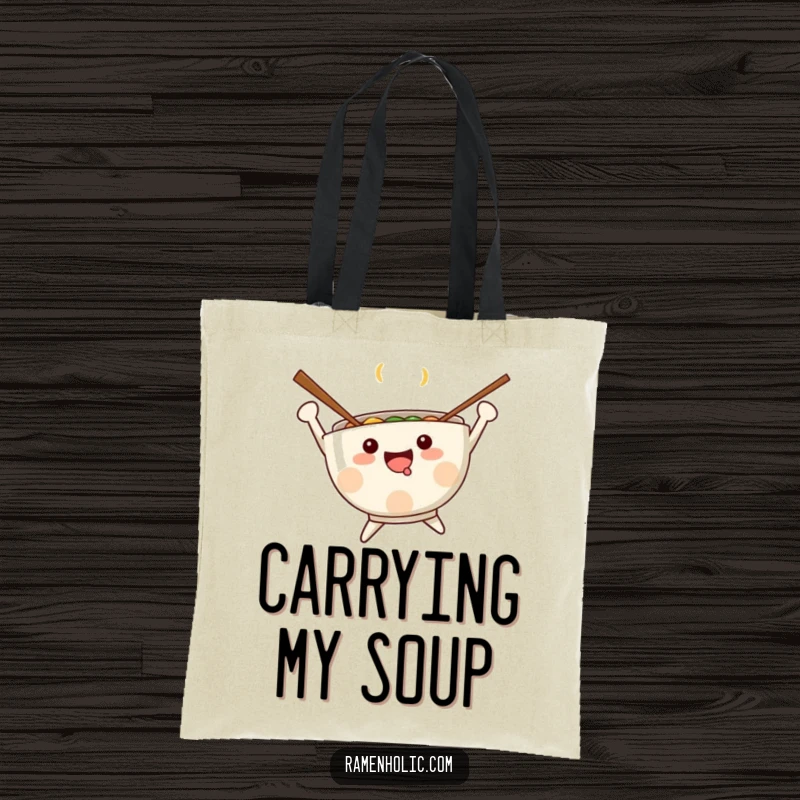 Funny Kawaii ramen bowl with chopsticks as arms, joyfully jumping, carrying groceries, a comical food character, ideal funny gift.