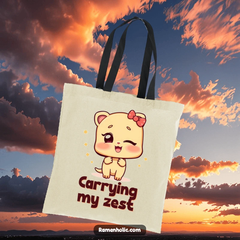 Funny tote bag showcasing a ginger slice character winking mischievously, perfect for carrying essentials with a zesty flair.