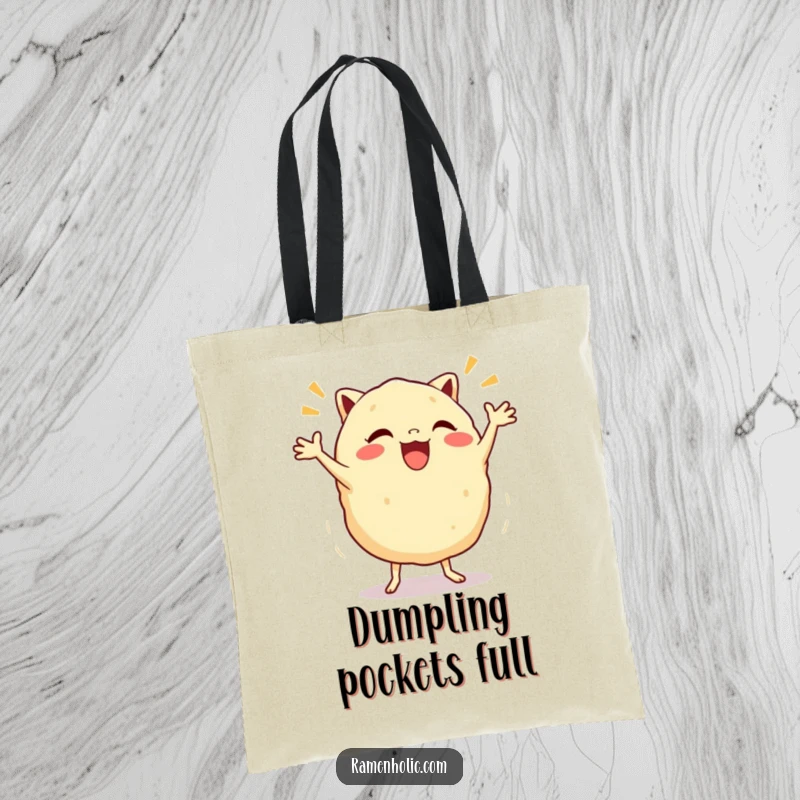 Funny Gyoza Jig Tote Bag showcasing an ecstatic dumpling character mid-dance, great for shopping and spreading smiles.