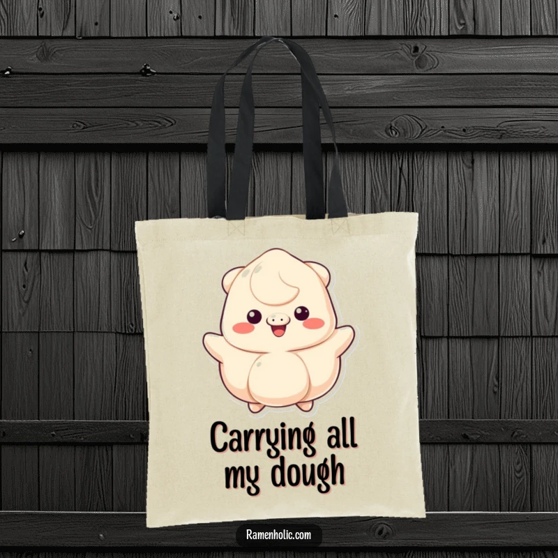 Funny tote bag with a bouncing dumpling, wide cheerful grin, perfect for carrying essentials with a dose of cartoon happiness.