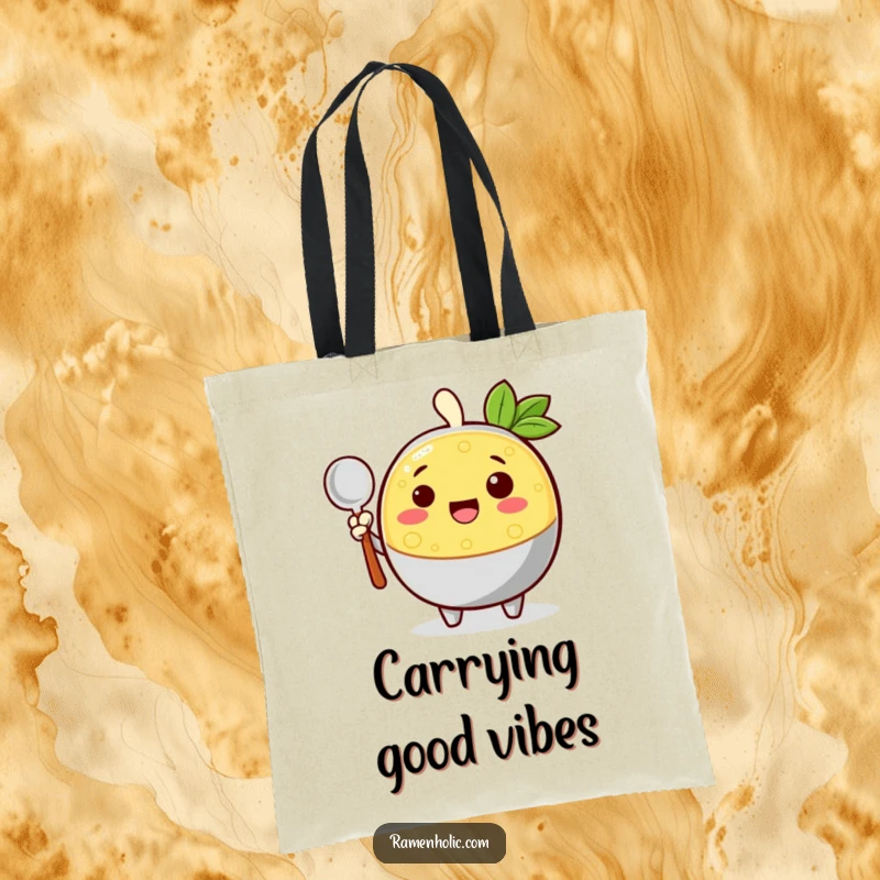 Funny cheerful broth character waving with a ladle on a durable tote bag, ideal for carrying essentials with a smile.