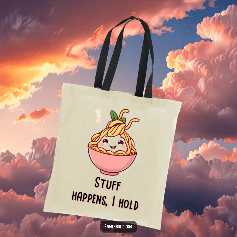 Funny tote bag with a cheerful noodle character emerging from steam, celebrating delicious food and happy moments.