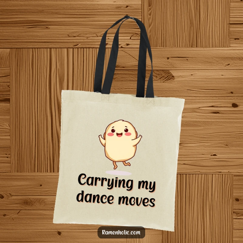 Funny Tote Bag: A gyoza character with tiny legs performs a delightful twirl, perfect for carrying daily essentials.
