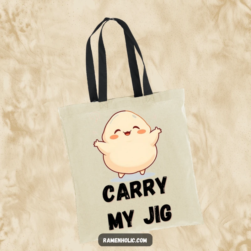Funny tote bag featuring a plump dumpling character doing a happy jig, steam rising, an adorable and functional cartoon food accessory.