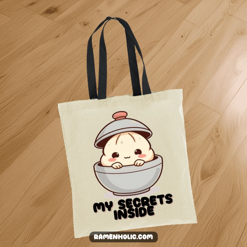 Funny dumpling tote bag with a shy dumpling peeking from behind a steaming lid, practical and endearing.
