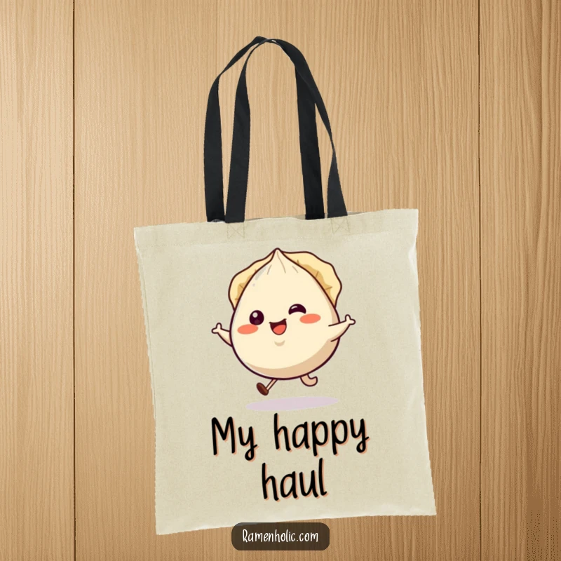 Funny smiling gyoza character hopping happily, pleats jiggling, printed on a durable tote bag.