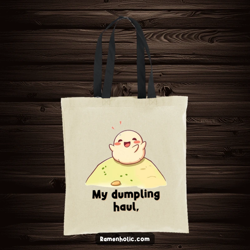 Funny happy dumpling rolling down a hill with glee, a humorous and practical tote bag for shoppers who love food.