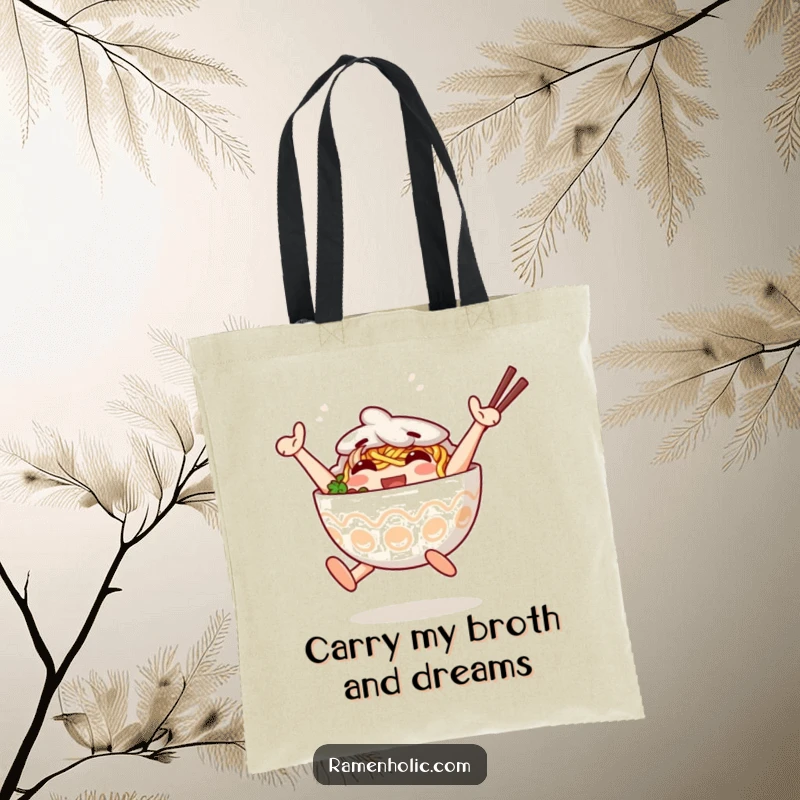 Funny Tote Bag featuring an anthropomorphic ramen bowl character jumping with joy. Wonderful funny gift.