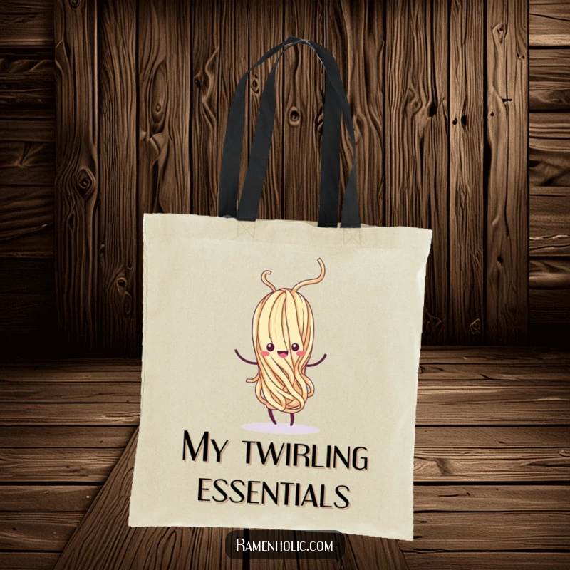 Funny Kawaii noodle strand dancing happily, with a joyful swirl, carrying groceries, a cute food character, ideal funny gift.