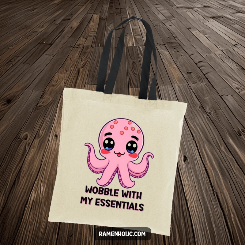 Funny Kawaii Octopus Wiener Tote Bag featuring a wobbling character with googly eyes, ideal for shopping.