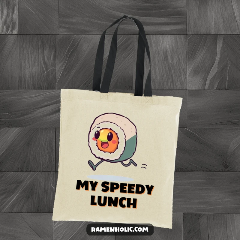 Funny Kawaii sushi roll with tiny legs, sprinting hard, carrying a bag, representing determination and speed, ideal funny gift.