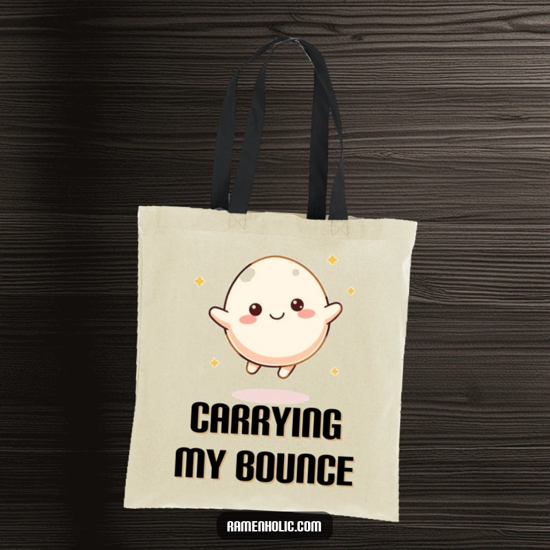 Funny Mochi Bounce Tote Bag depicting a happy mochi character energetically bouncing, great for shopping and bringing smiles.