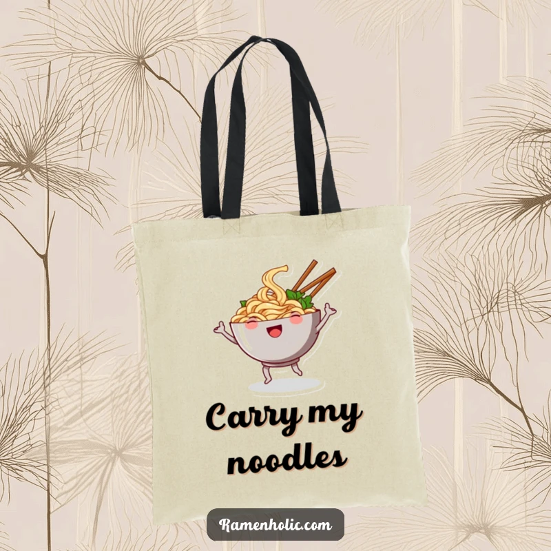 Funny tote bag depicting a smiling bowl of noodles dancing with chopsticks as arms, a vibrant and functional cartoon accessory.