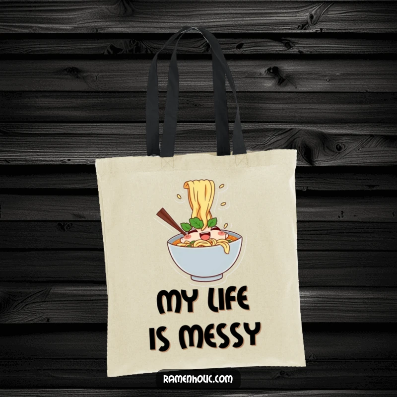 Funny tote bag with a happy ramen bowl character and splashing noodles, ideal for carrying groceries with a humorous food theme.