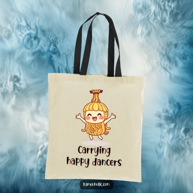 Funny tote bag with a single ramen noodle character doing a happy dance, a stylish and humorous accessory for noodle lovers.